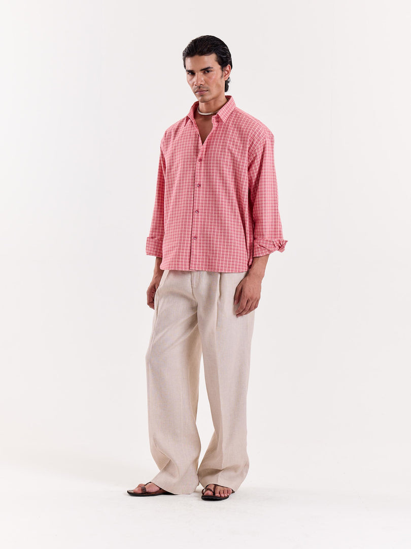 Coral & Cream Grid Checkered Cropped Shirt