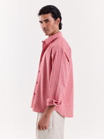 Load image into Gallery viewer, Coral &amp; Cream Grid Checkered Cropped Shirt