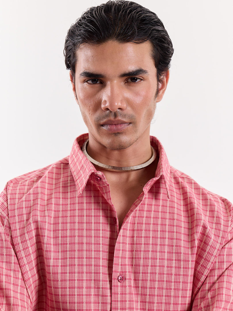 Coral & Cream Grid Checkered Cropped Shirt