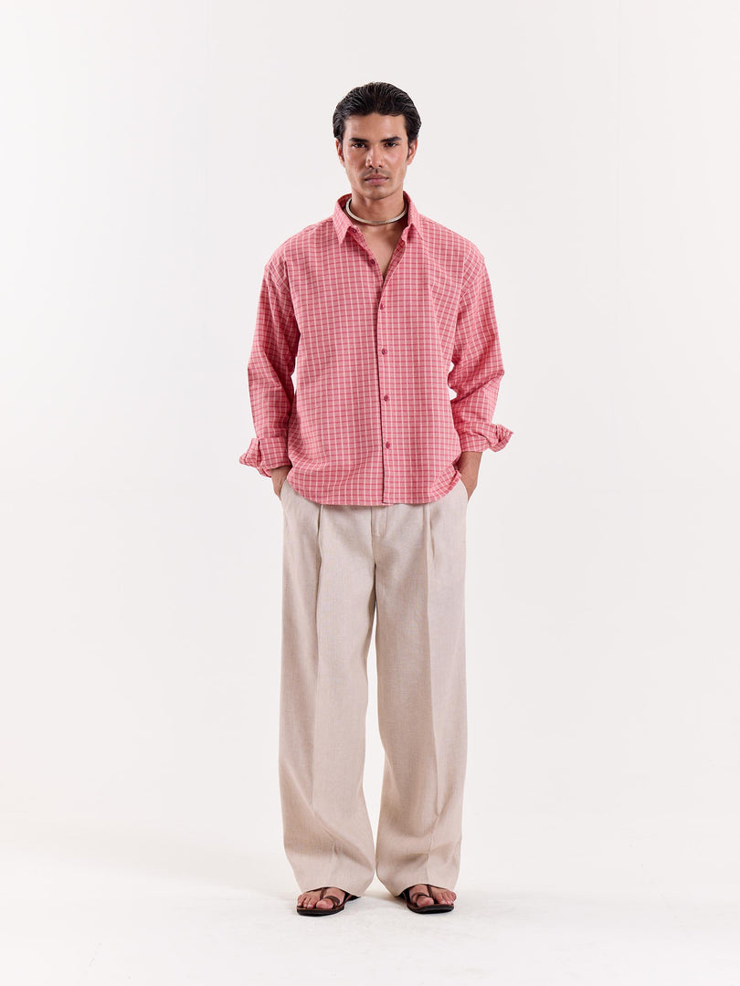 Coral & Cream Grid Checkered Cropped Shirt