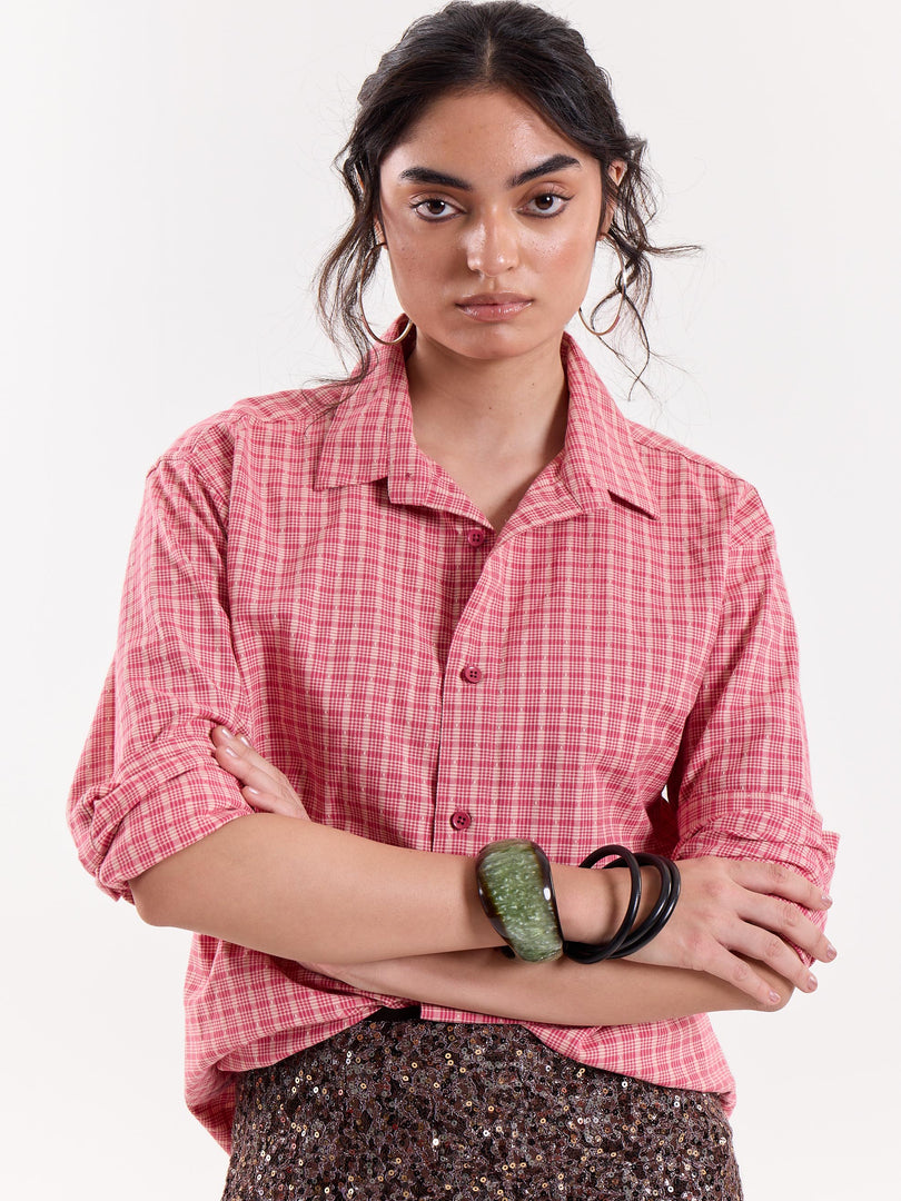 Coral & Cream Grid Checkered Cropped Shirt