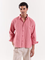 Load image into Gallery viewer, Coral &amp; Cream Grid Checkered Cropped Shirt