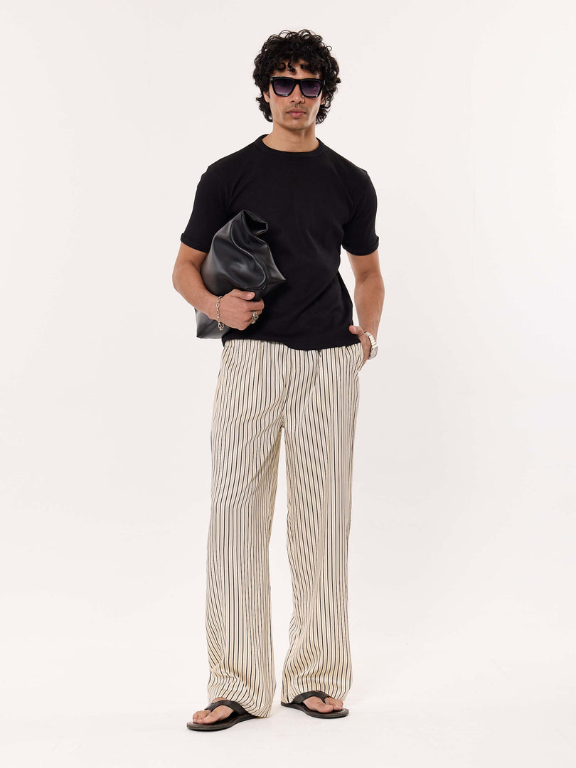 Cream Striped Pull-on Pants