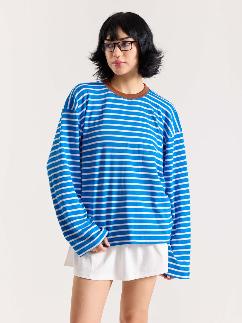 Cyan Blue & White Striped Loose Fit Cropped T-Shirt