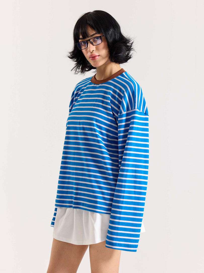 Cyan Blue & White Striped Loose Fit Cropped T-Shirt