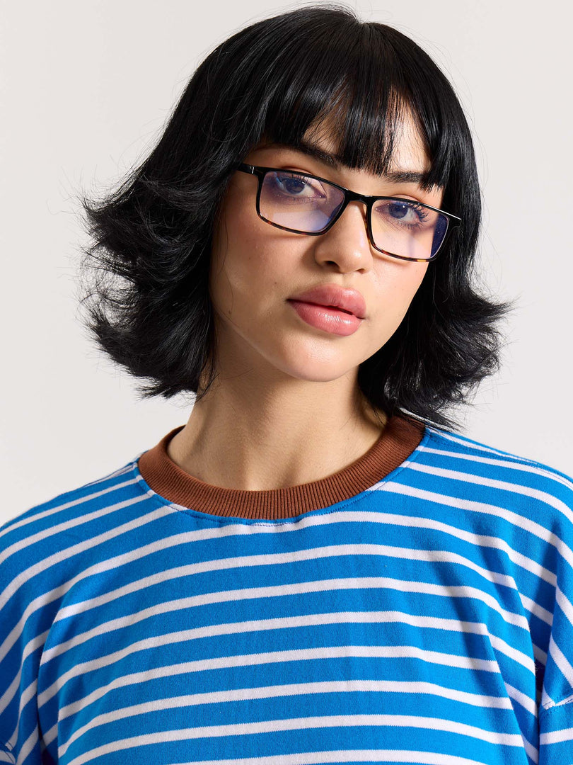 Cyan Blue & White Striped Loose Fit Cropped T-Shirt