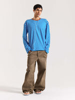 Load image into Gallery viewer, Cyan Blue &amp; White Striped Loose Fit Cropped T-Shirt