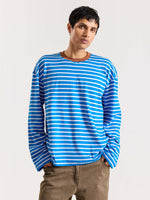 Load image into Gallery viewer, Cyan Blue &amp; White Striped Loose Fit Cropped T-Shirt