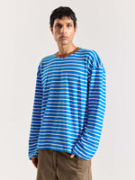 Load image into Gallery viewer, Cyan Blue &amp; White Striped Loose Fit Cropped T-Shirt