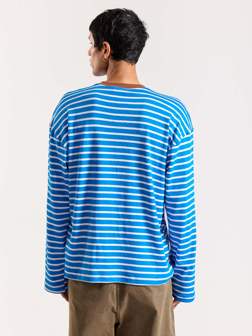 Cyan Blue & White Striped Loose Fit Cropped T-Shirt