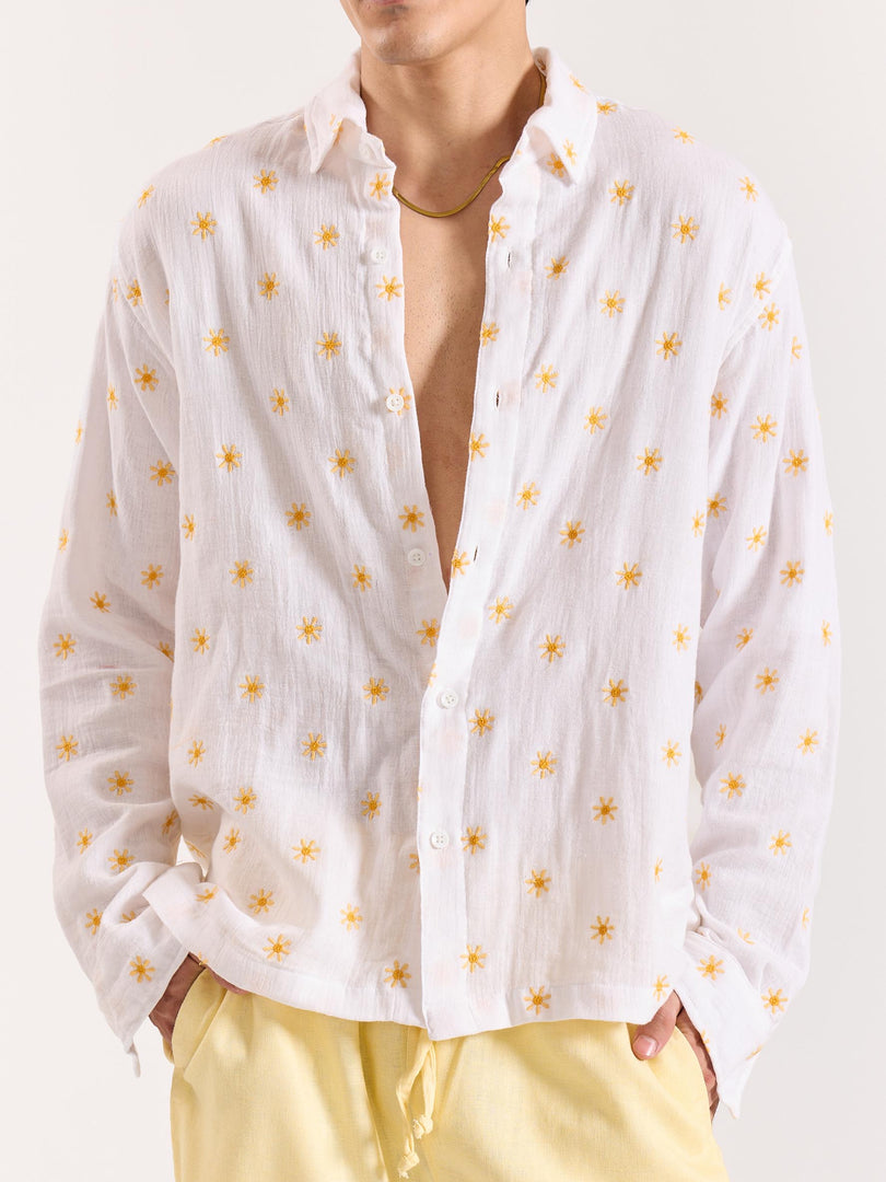 Daisy Dew Embroidered Gauze Holiday Shirt
