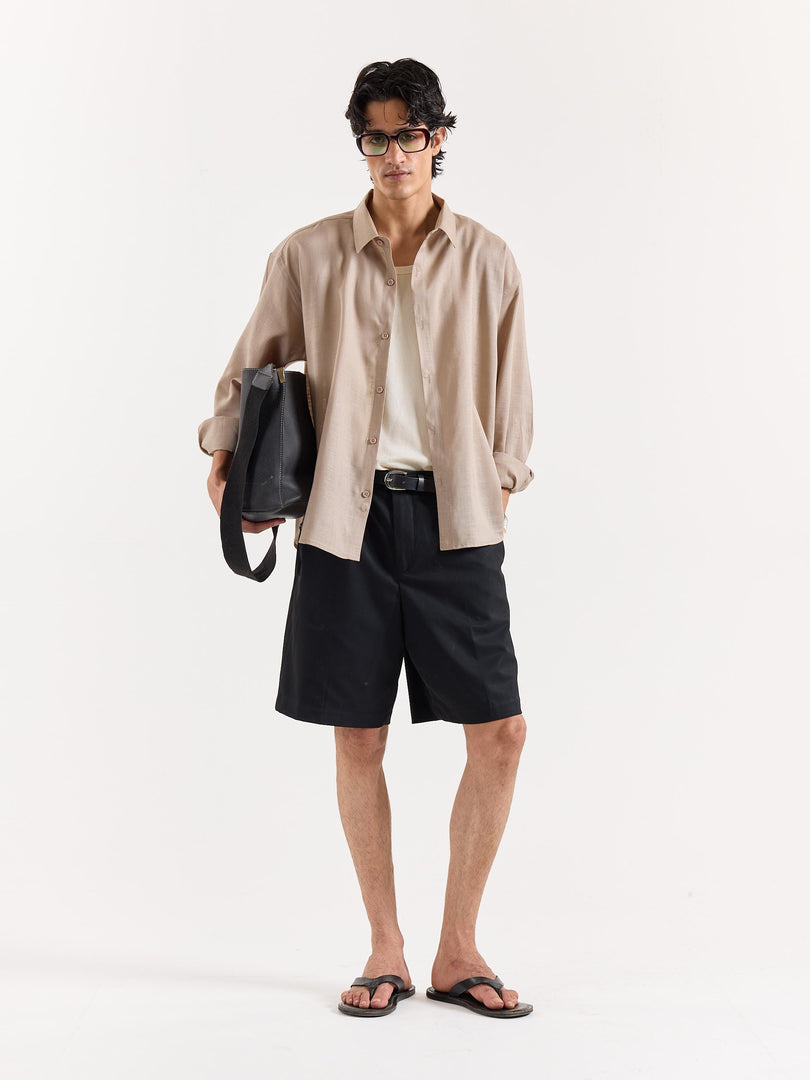 Dark Beige Linen Cropped Shirt