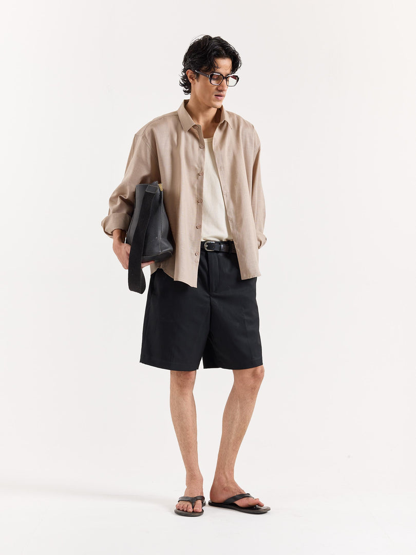 Dark Beige Linen Cropped Shirt