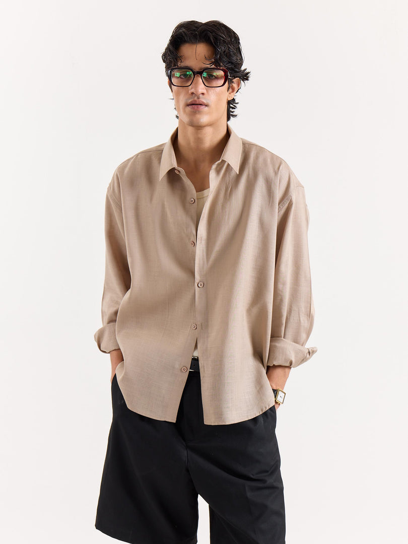 Dark Beige Linen Cropped Shirt
