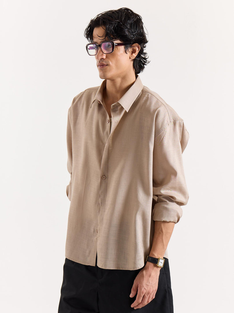 Dark Beige Linen Cropped Shirt