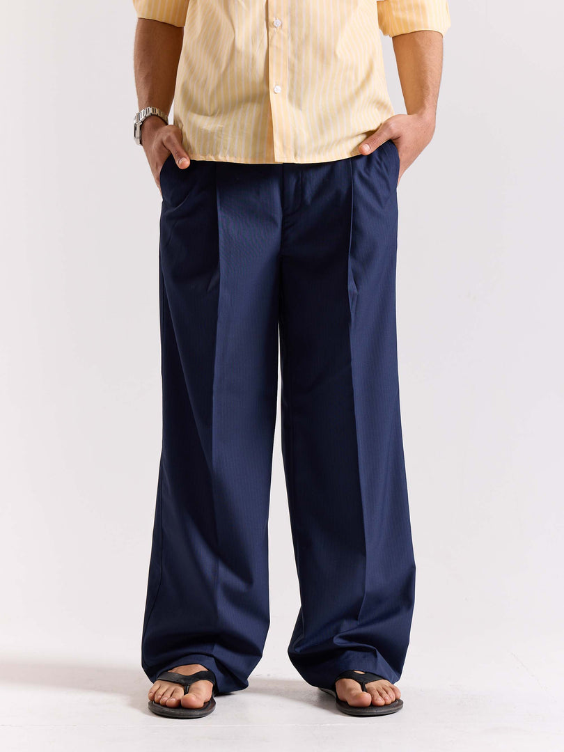 Dark Blue Pinstriped Baggy Fit Trousers