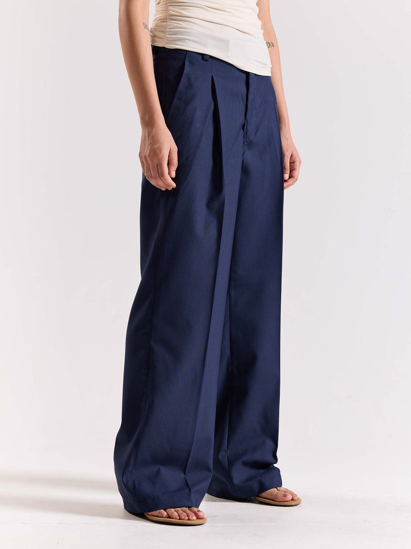 Dark Blue Pinstriped Baggy Fit Trousers