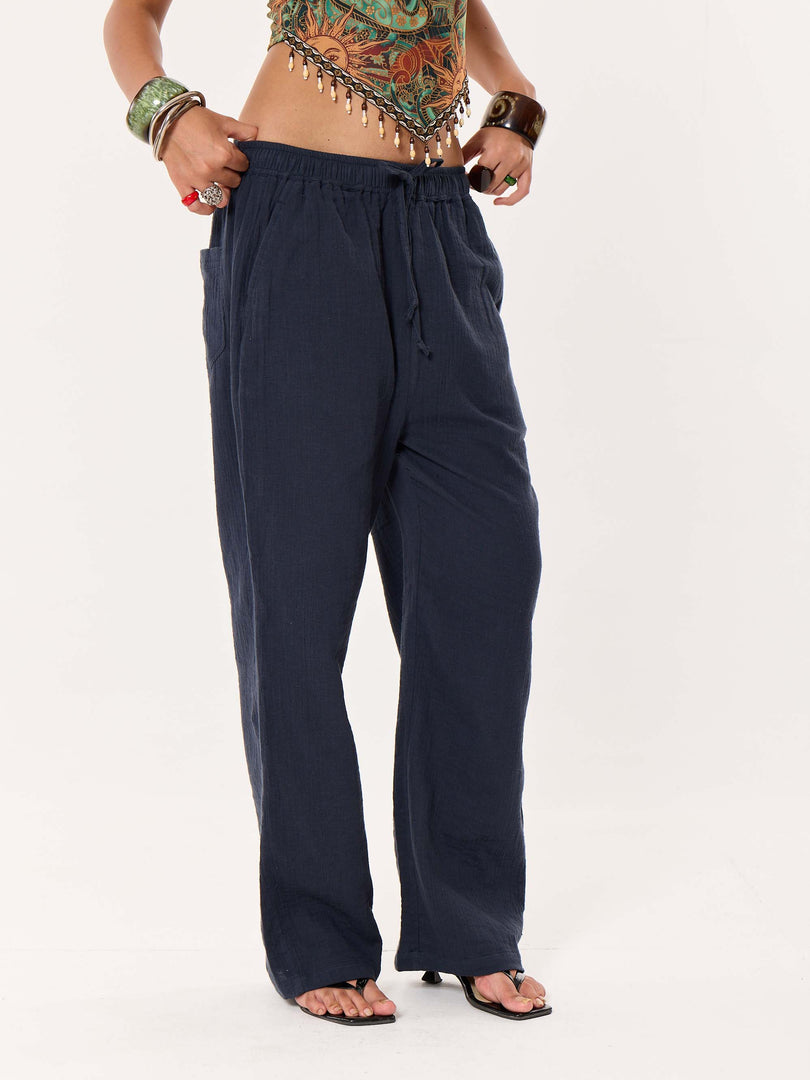Dark Blue Gauze Pull-on Pants