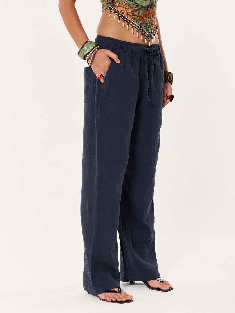 Dark Blue Gauze Pull-on Pants