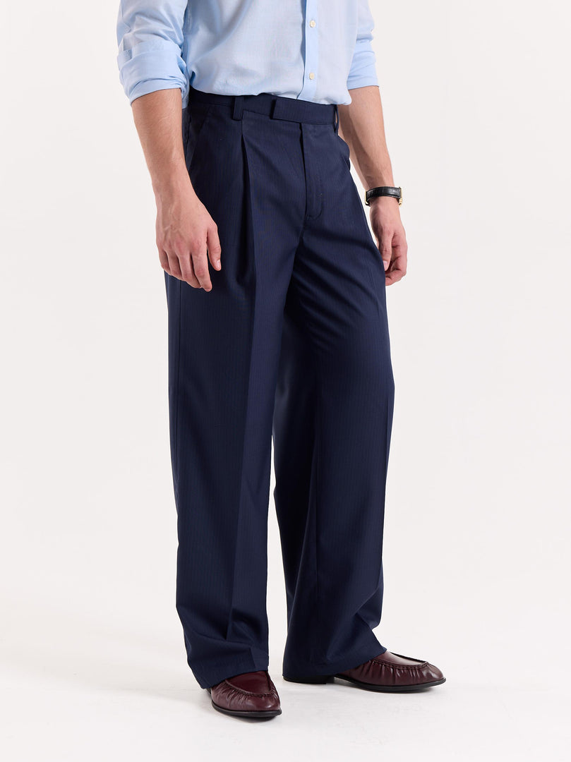 Dark Blue Pinstriped Baggy Fit Trousers