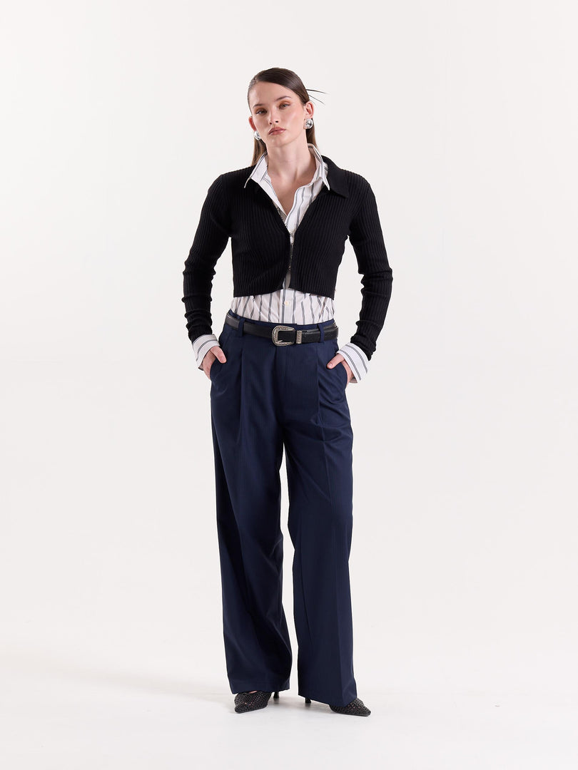 Dark Blue Pinstriped Baggy Fit Trousers