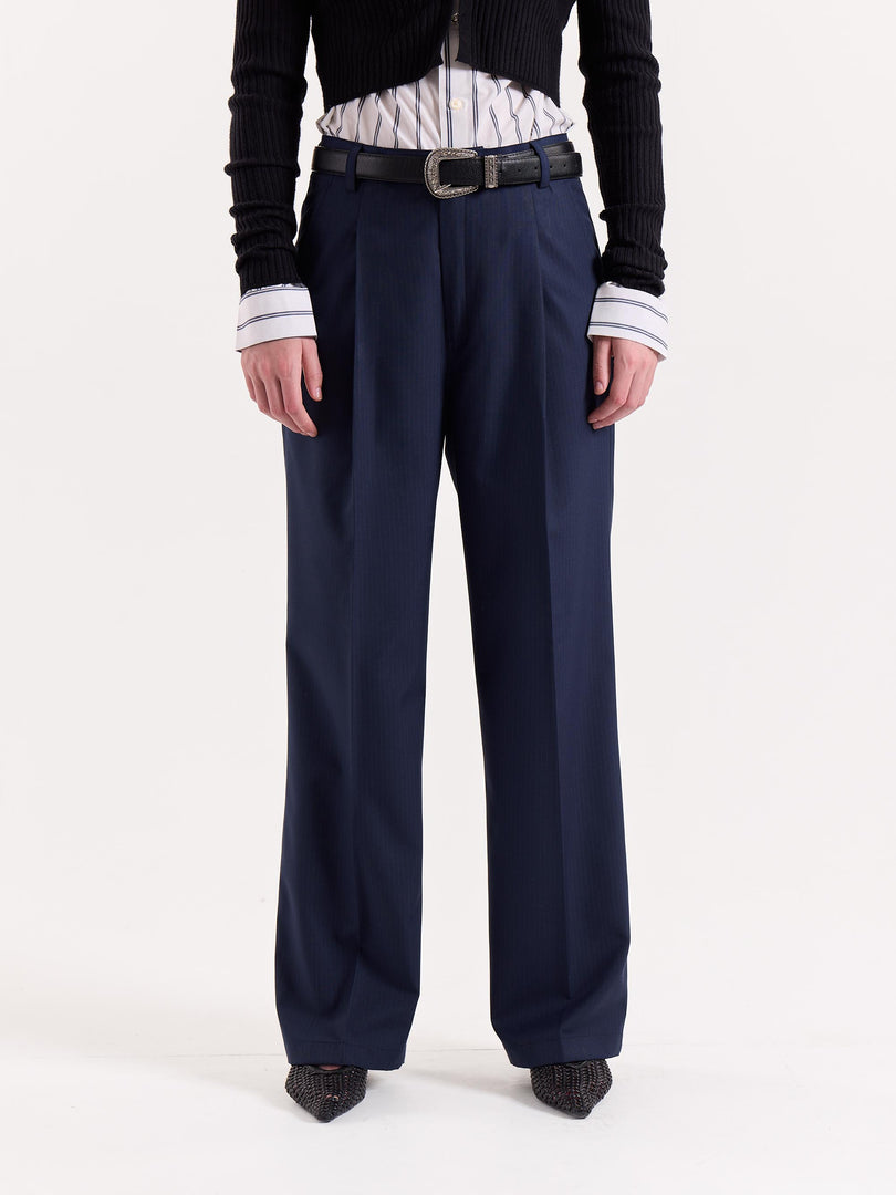 Dark Blue Pinstriped Baggy Fit Trousers