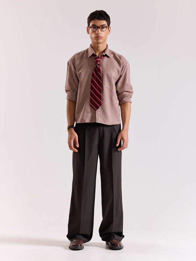 Dark Brown Pinstriped Baggy Fit Trousers