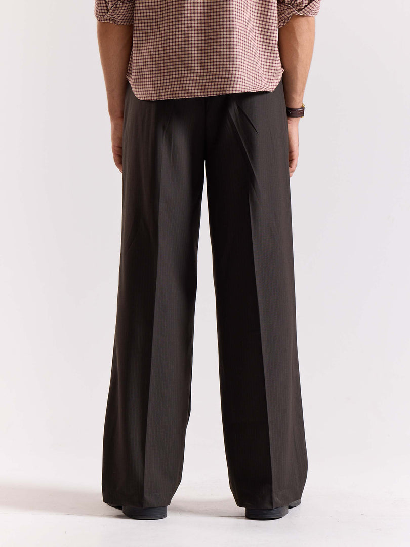 Dark Brown Pinstriped Baggy Fit Trousers