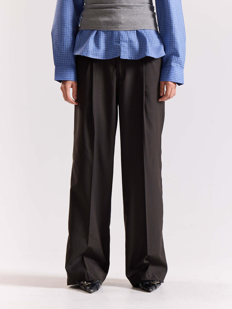 Dark Brown Pinstriped Baggy Fit Trousers