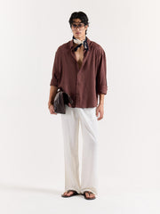 Dark Brown Linen Cropped Shirt
