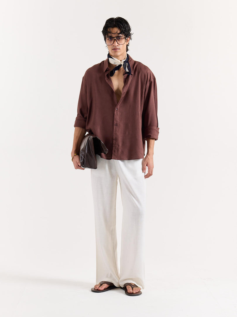 Dark Brown Linen Cropped Shirt