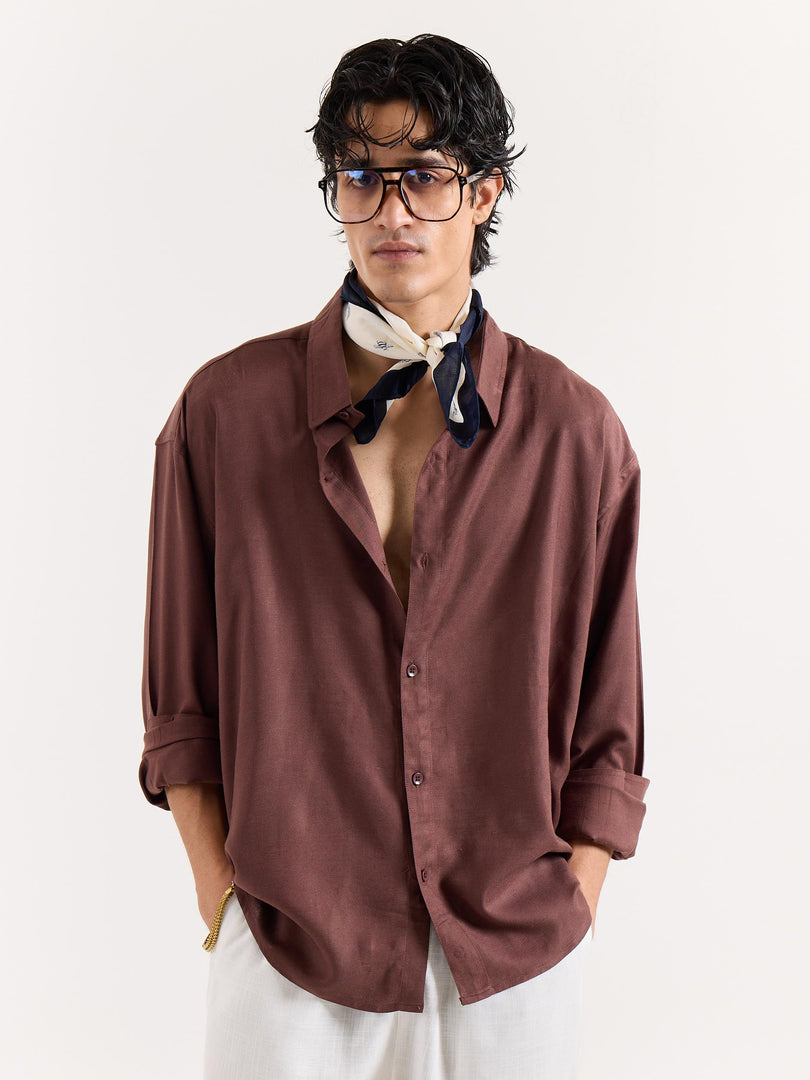 Dark Brown Linen Cropped Shirt