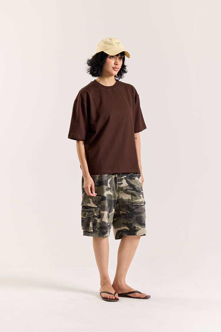 Dark Brown Loose Fit Cropped T-Shirt