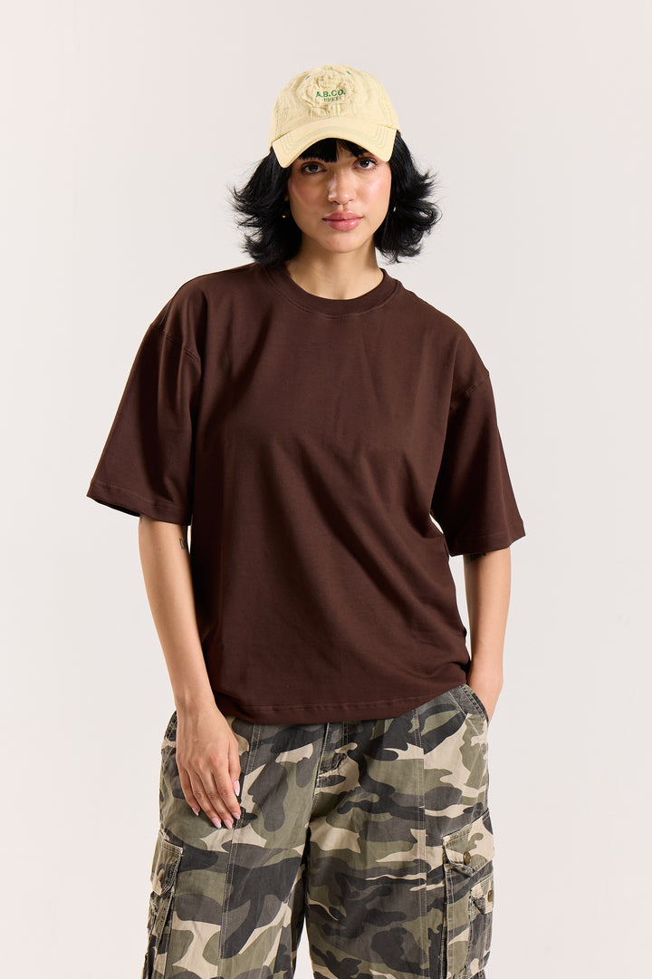 Dark Brown Loose Fit Cropped T-Shirt