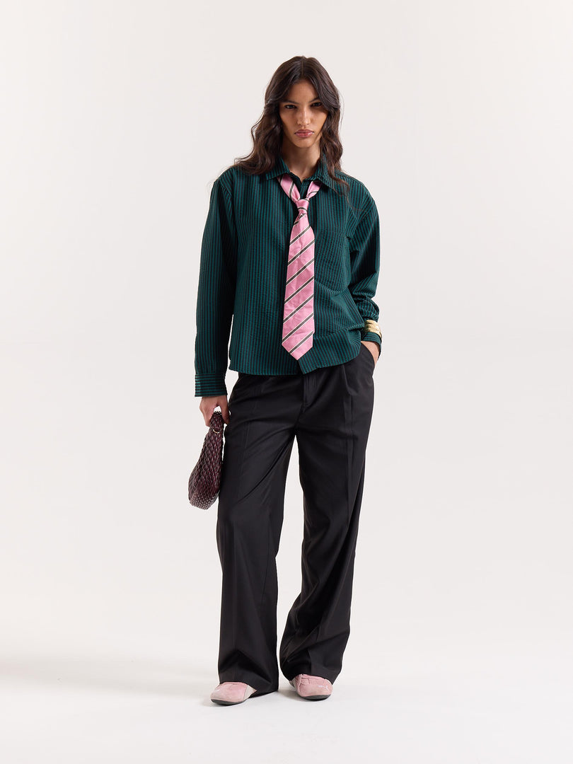 Dark Green Striped Seersucker Cropped Shirt