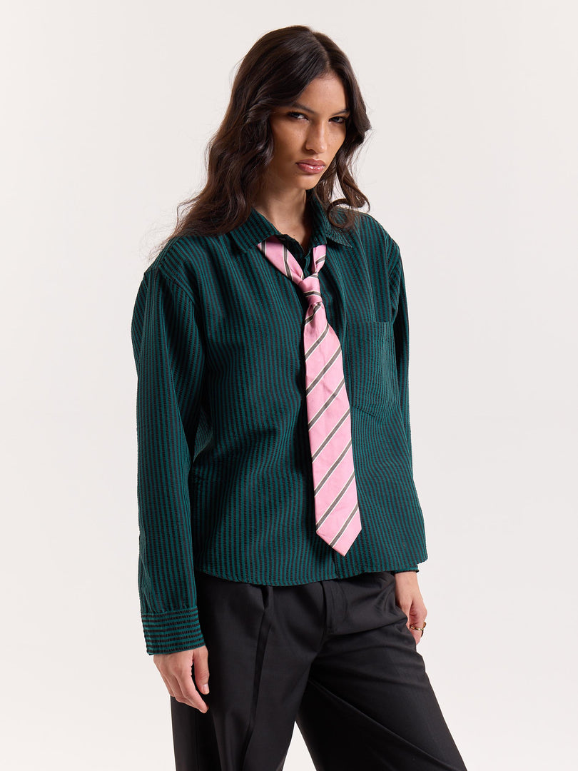 Dark Green Striped Seersucker Cropped Shirt