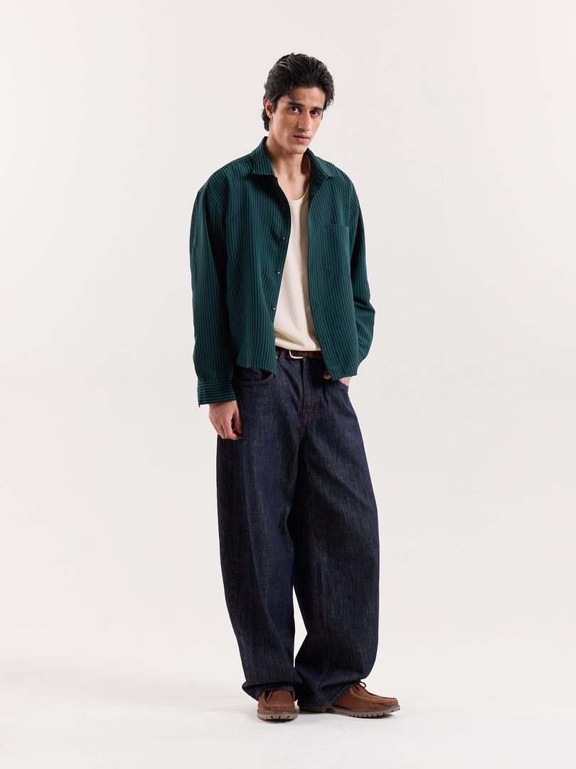Dark Green Striped Seersucker Cropped Shirt