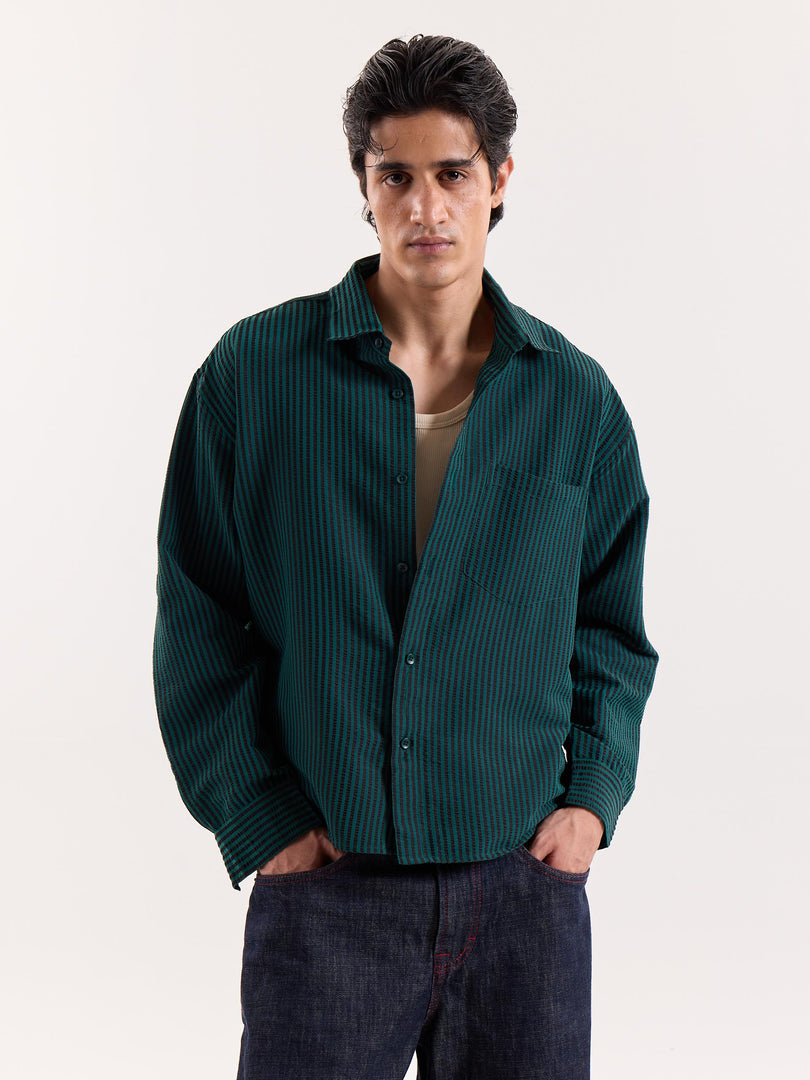 Dark Green Striped Seersucker Cropped Shirt