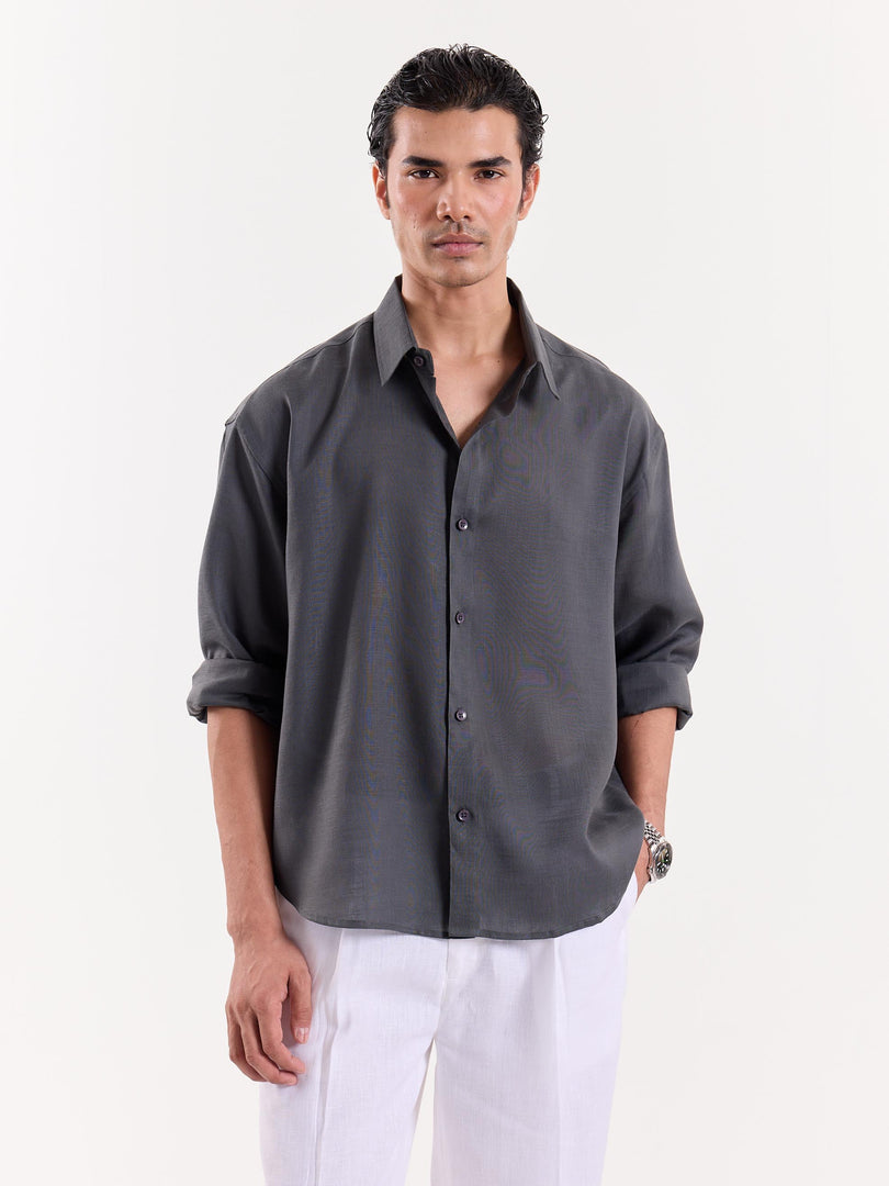 Dark Grey Linen Cropped Shirt
