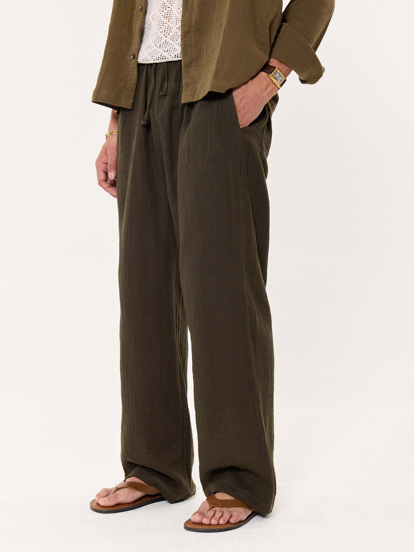 Dark Olive Gauze Pull-on Pants