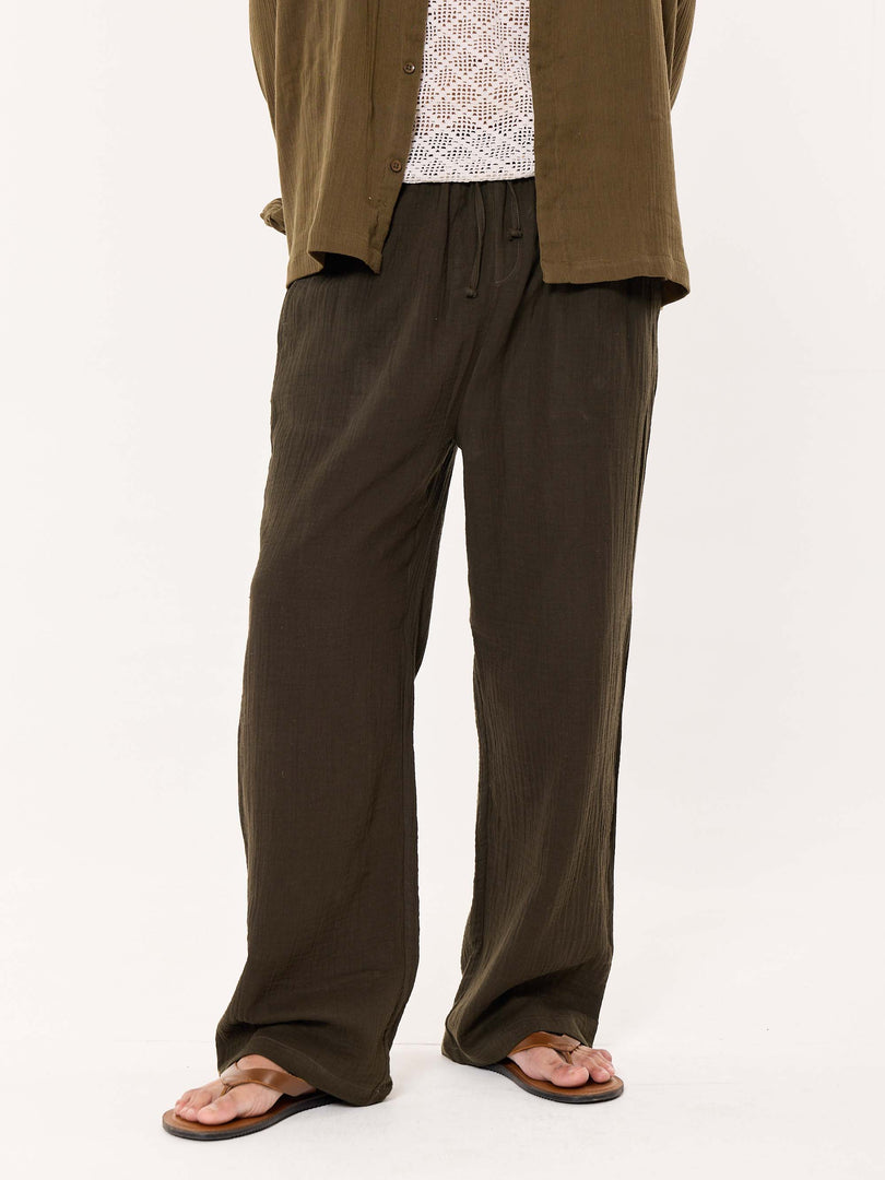 Dark Olive Gauze Pull-on Pants