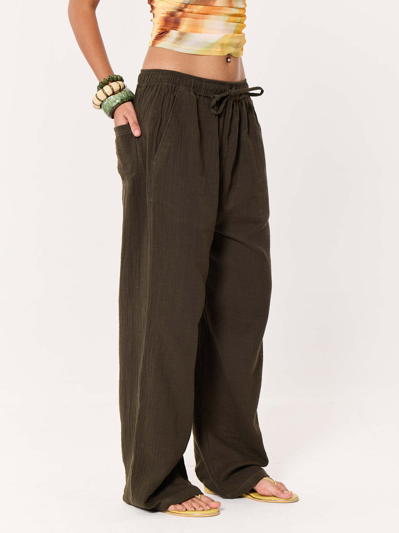Dark Olive Gauze Pull-on Pants