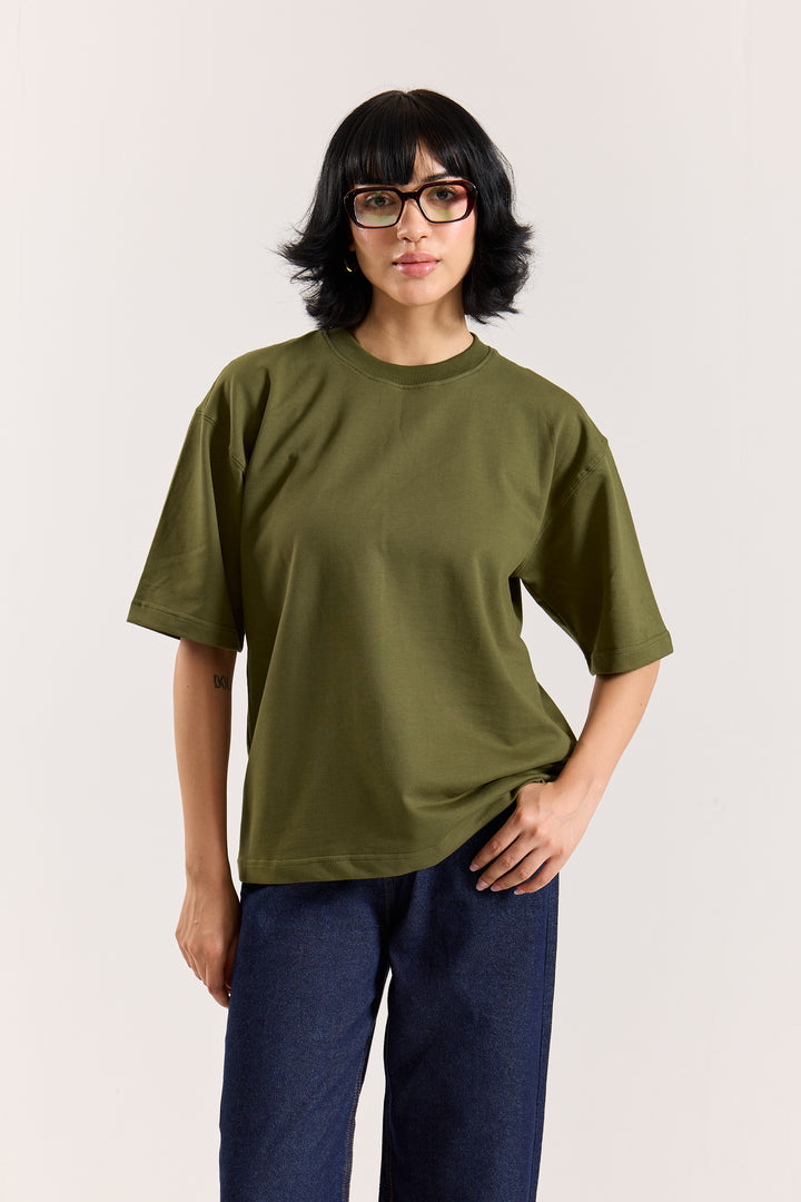 Olive Green Loose Fit Cropped T-Shirt