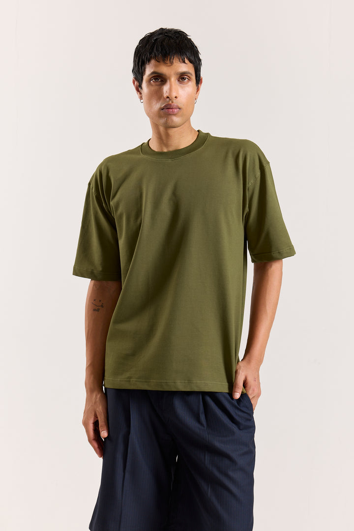Olive Green Loose Fit Cropped T-Shirt