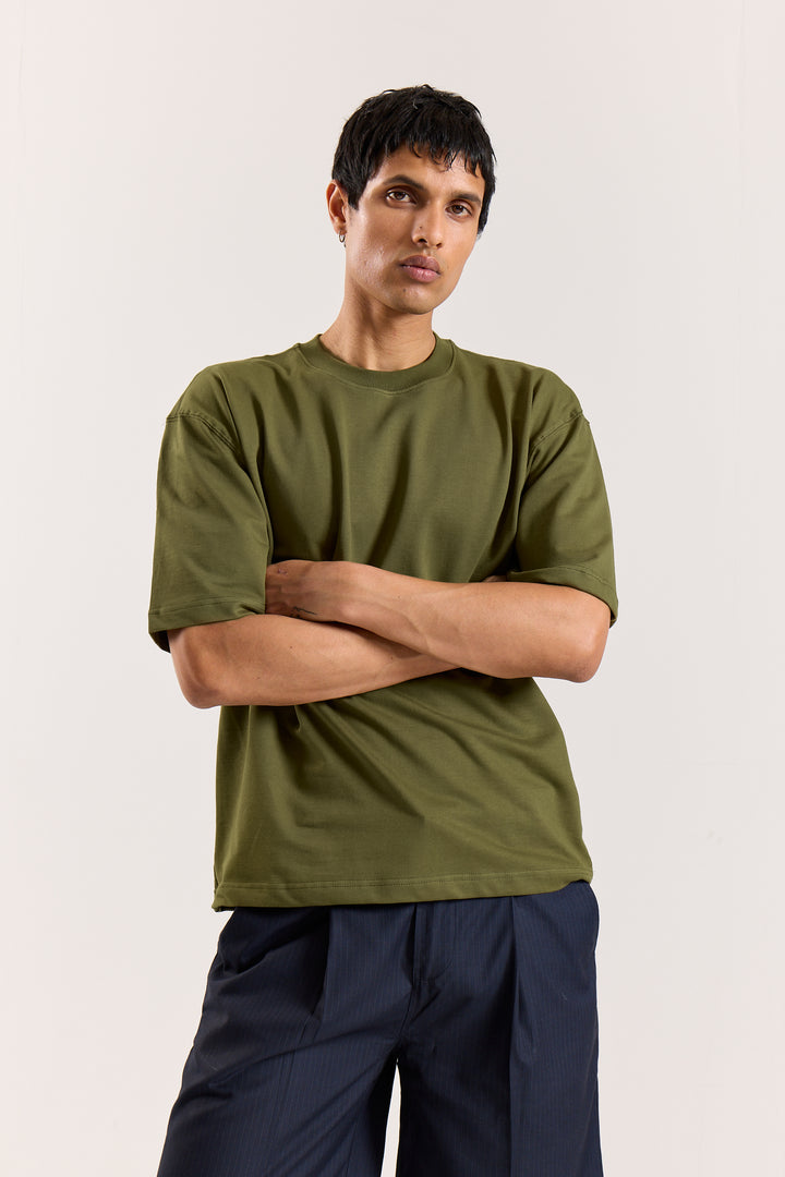 Olive Green Loose Fit Cropped T-Shirt