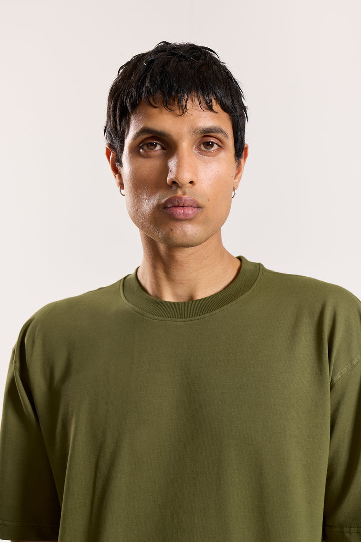 Olive Green Loose Fit Cropped T-Shirt