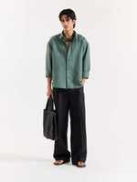 Load image into Gallery viewer, Dark Sage Linen Cropped Shirt