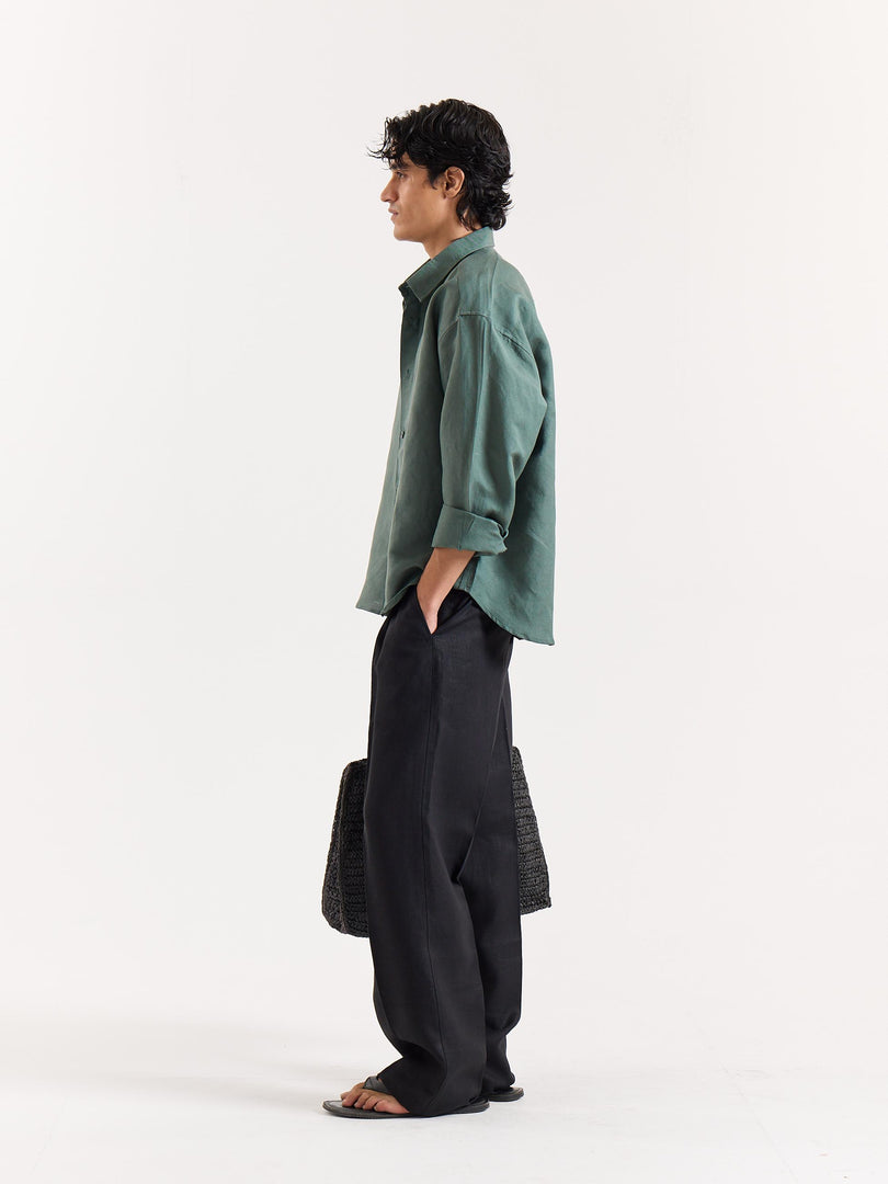 Dark Sage Linen Cropped Shirt