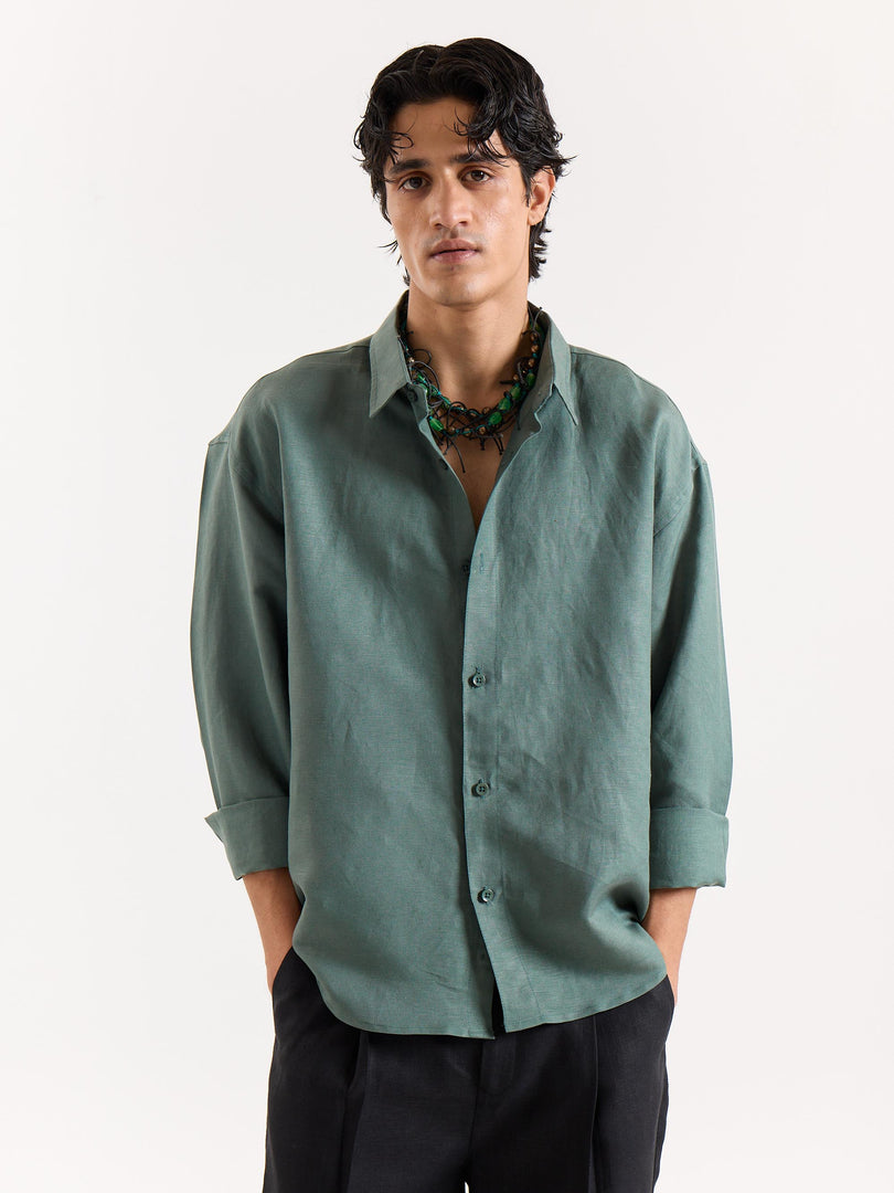Dark Sage Linen Cropped Shirt