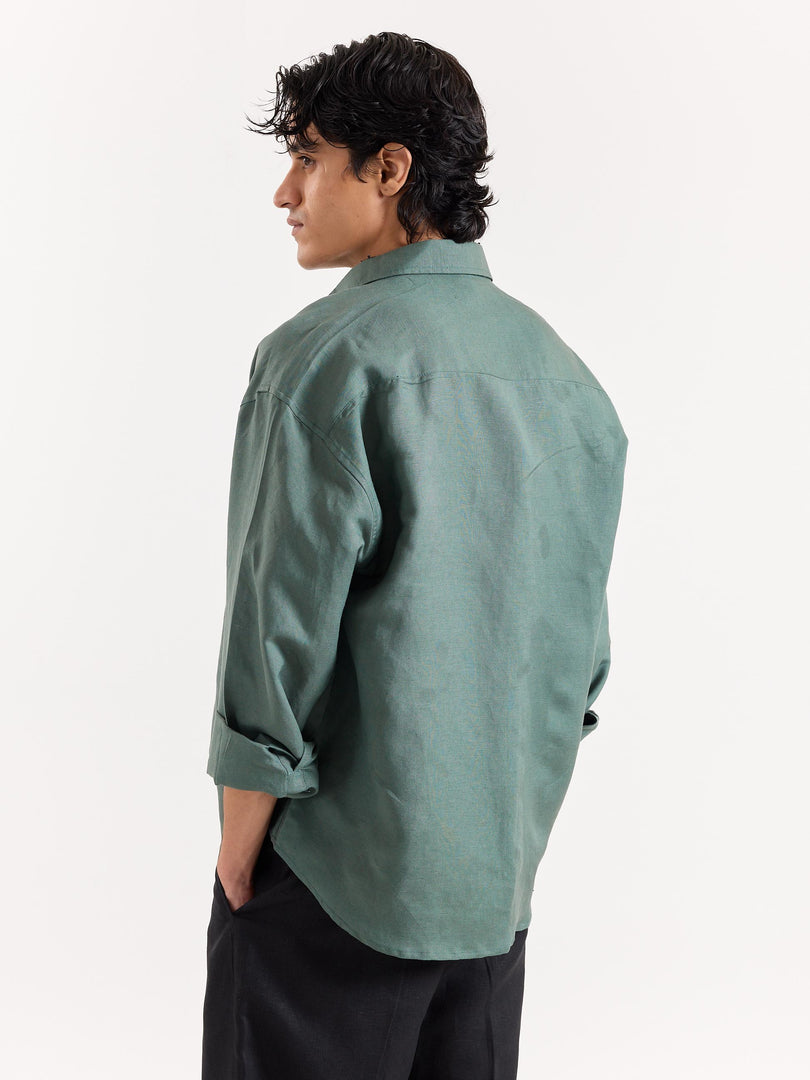 Dark Sage Linen Cropped Shirt